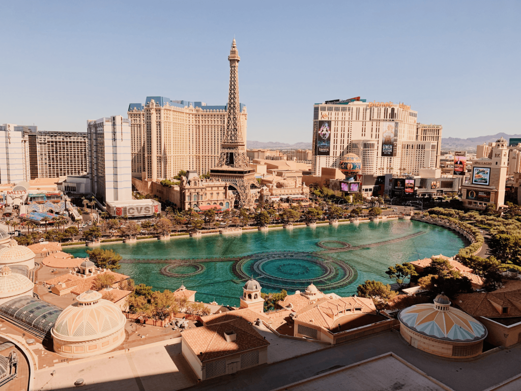 Panoramic view of the Las Vegas Strip featuring the Bellagio fountains, Paris Las Vegas Eiffel Tower, and surrounding hotels, perfect for Las Vegas captions.