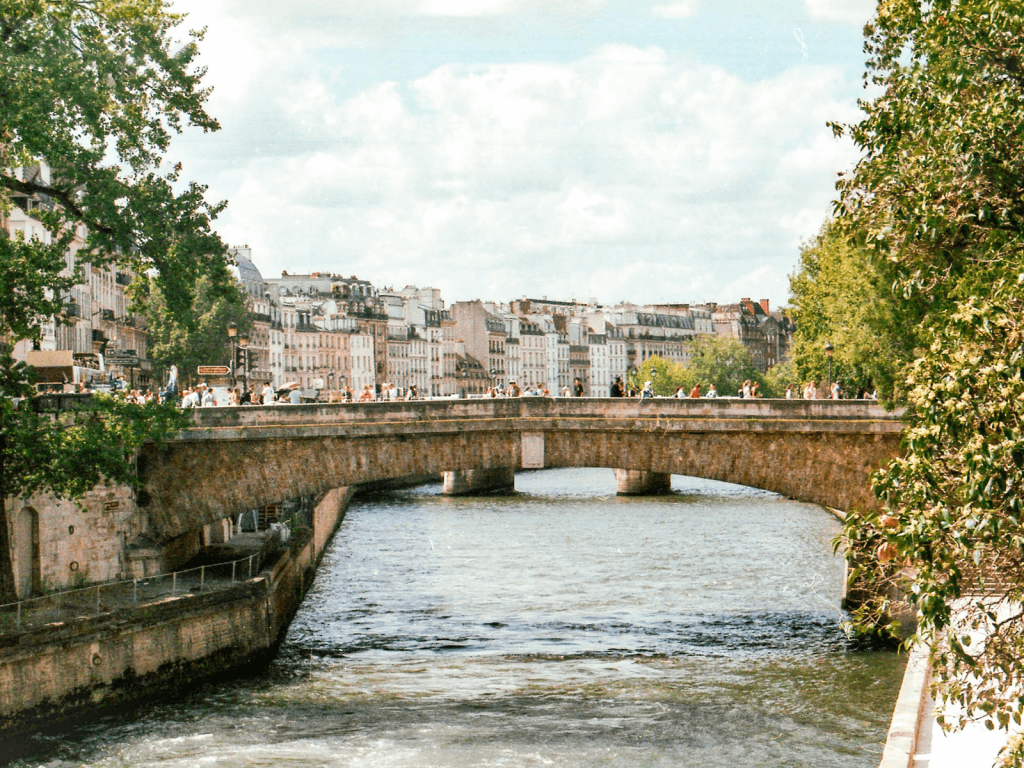 View of the Seine River flowing beneath a stone bridge with classic Parisian buildings and leafy trees along the riverbanks.