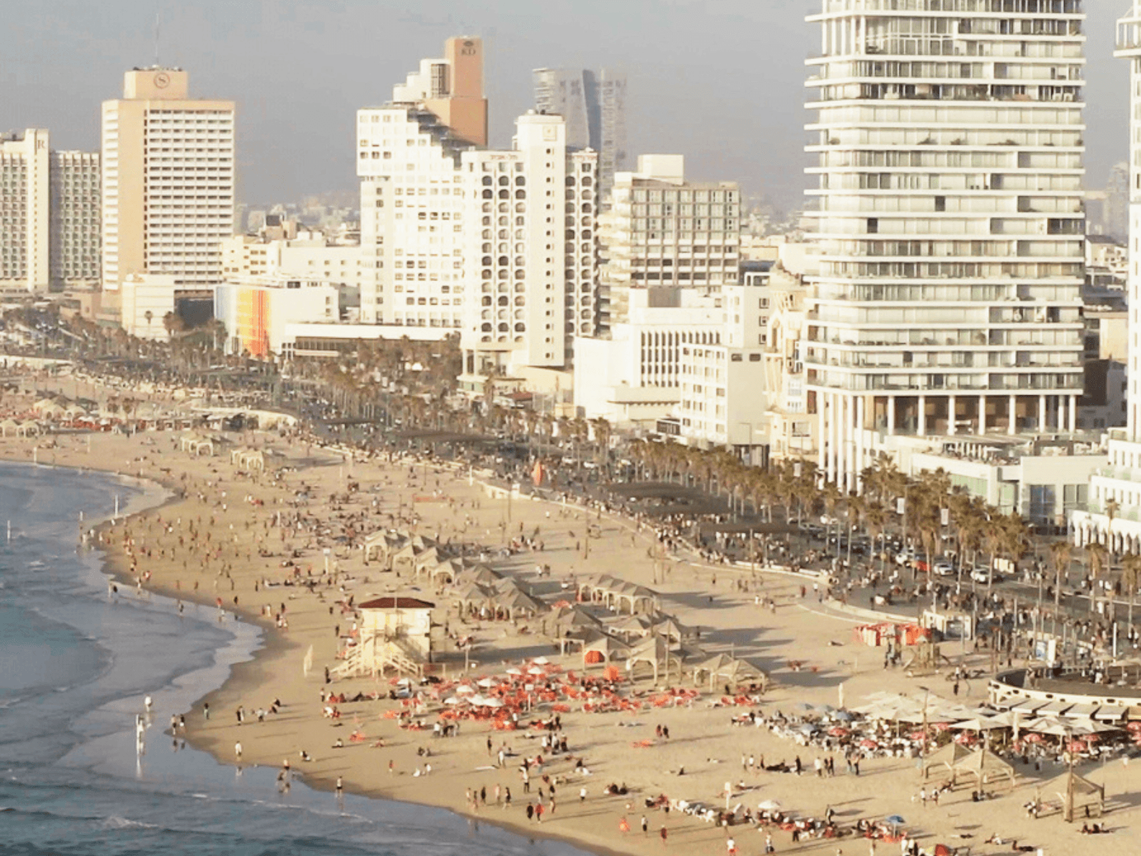Aerial view of Tel Aviv’s busy Mediterranean beachfront lined with high rise hotels, palm trees, and beachgoers, featured in a Tel Aviv itinerary.