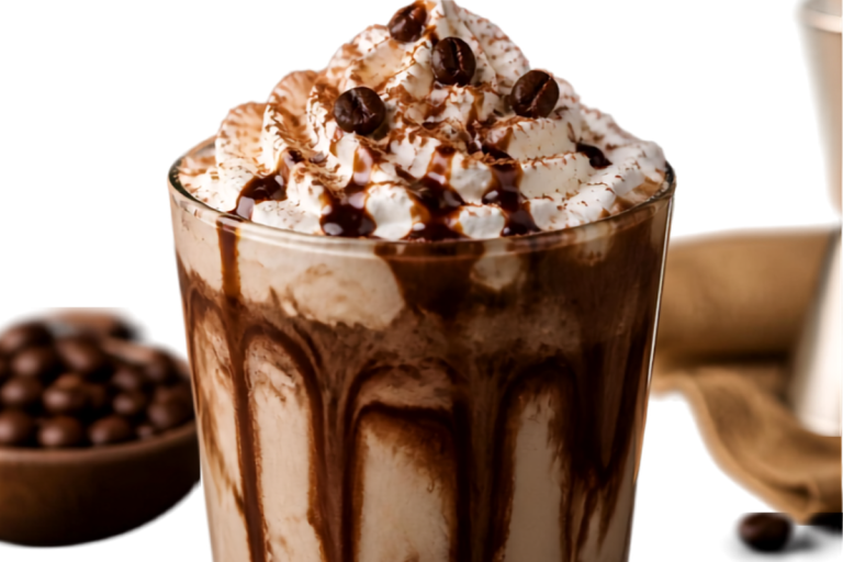 Cocktails with Baileys and Kahlua image of a mudslide topped with whipped cream, chocolate drizzle, and coffee beans.