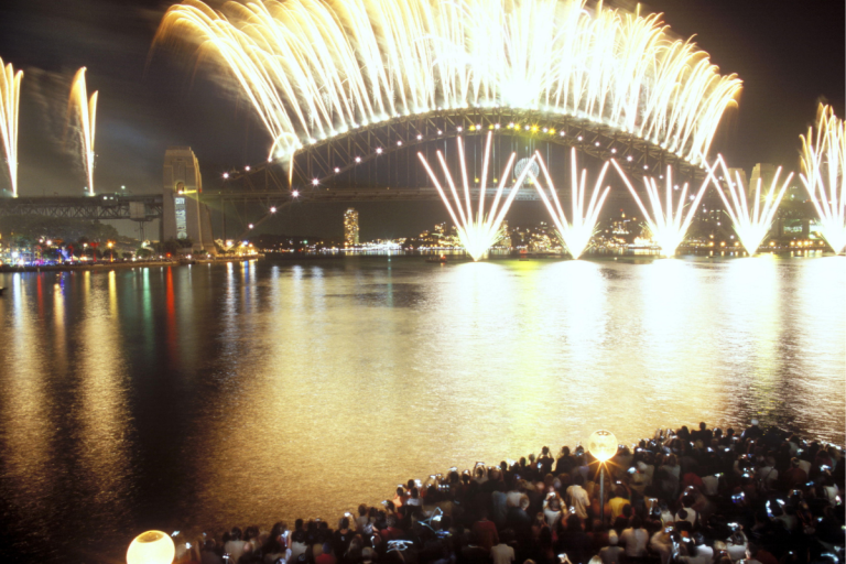 Fireworks exploding over Sydney Harbour Bridge during a New Year’s Eve celebration, perfect for New Year captions for Instagram.