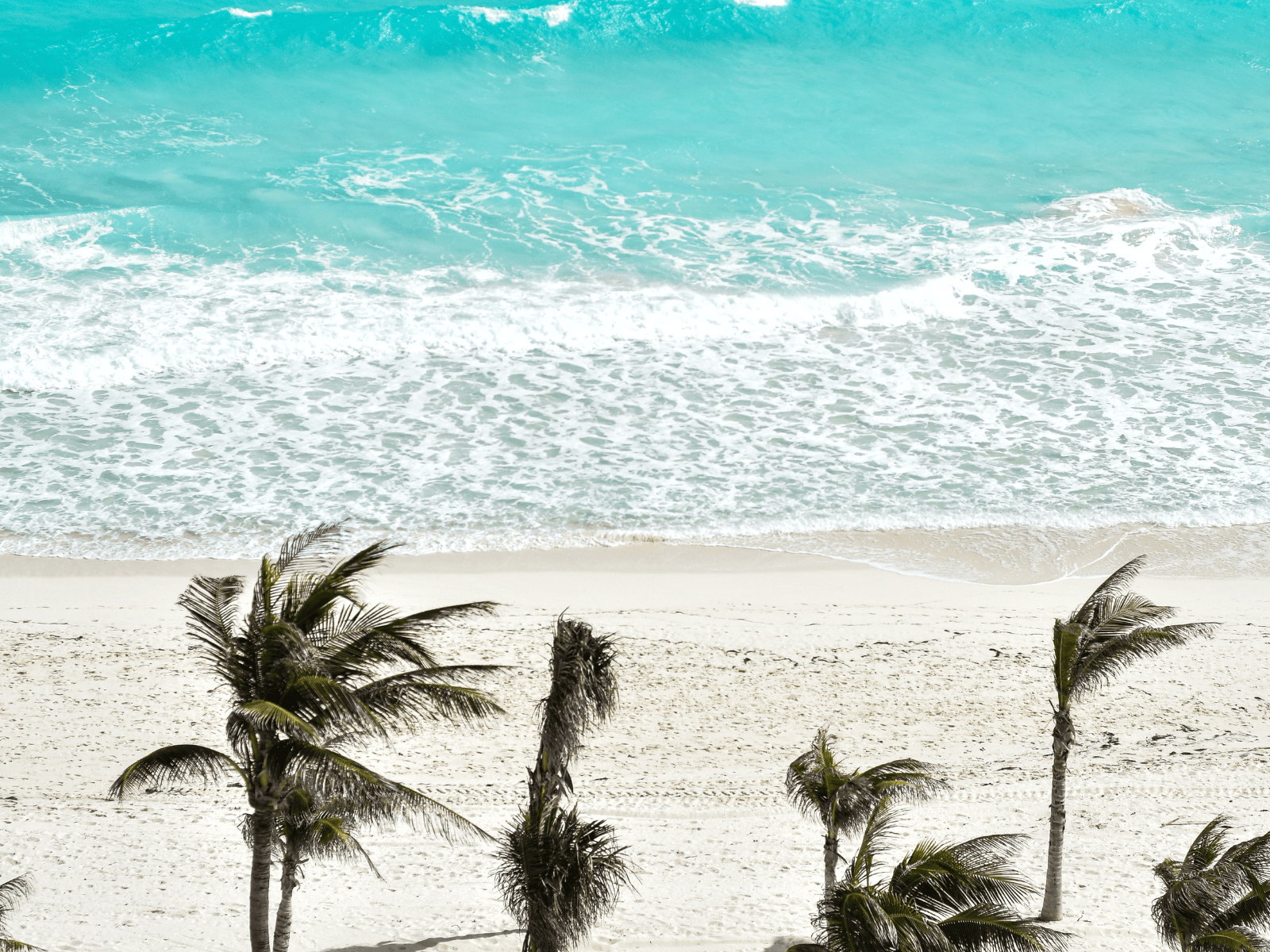Aerial view of a white sand beach lined with palm trees and bright turquoise waves in Cancun, Mexico, for a post about Cancun Instagram captions.