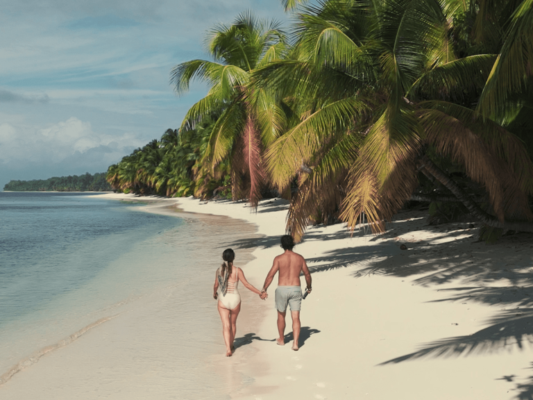 Couple holding hands while walking along a white sand beach lined with palm trees and turquoise water in the Seychelles, featured in a Seychelles itinerary.