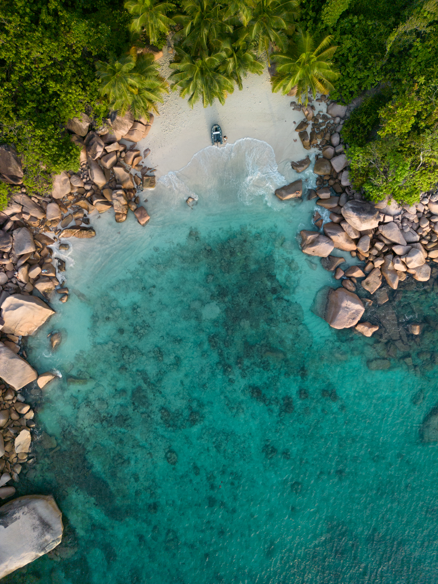 Aerial view of Anse Lazio. One of the must see beaches on any Seychelles itinerary.