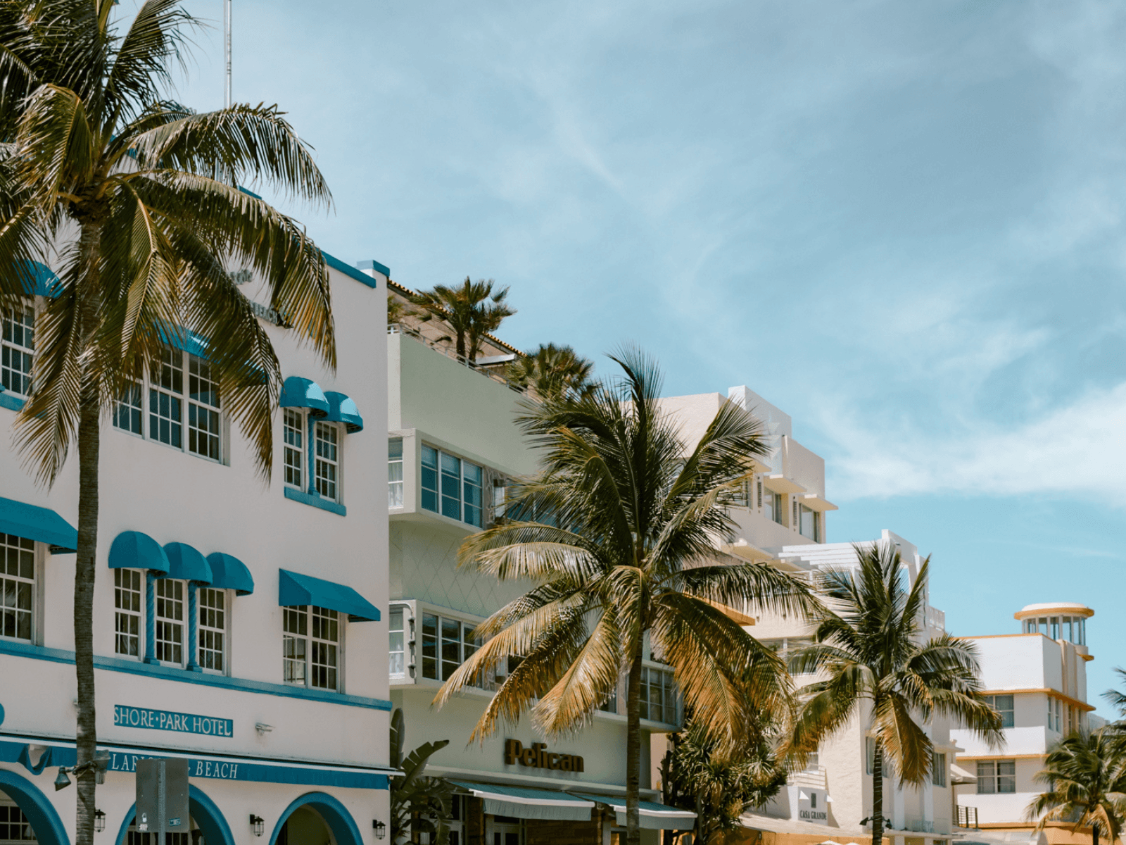Art Deco hotels and tall palm trees along a sunny street in Miami Beach for a post about Miami Beach rooftop bars.