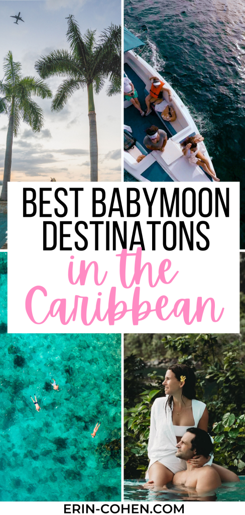 Text overlay says "Best babymoon destinations in the Caribbean" for our Pinterest pin. Us in the Caribbean on a babymoon escape. 
