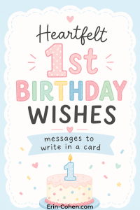 Pastel graphic reading “Heartfelt 1st Birthday Wishes” with colorful lettering, a birthday cake, candle, and confetti.
