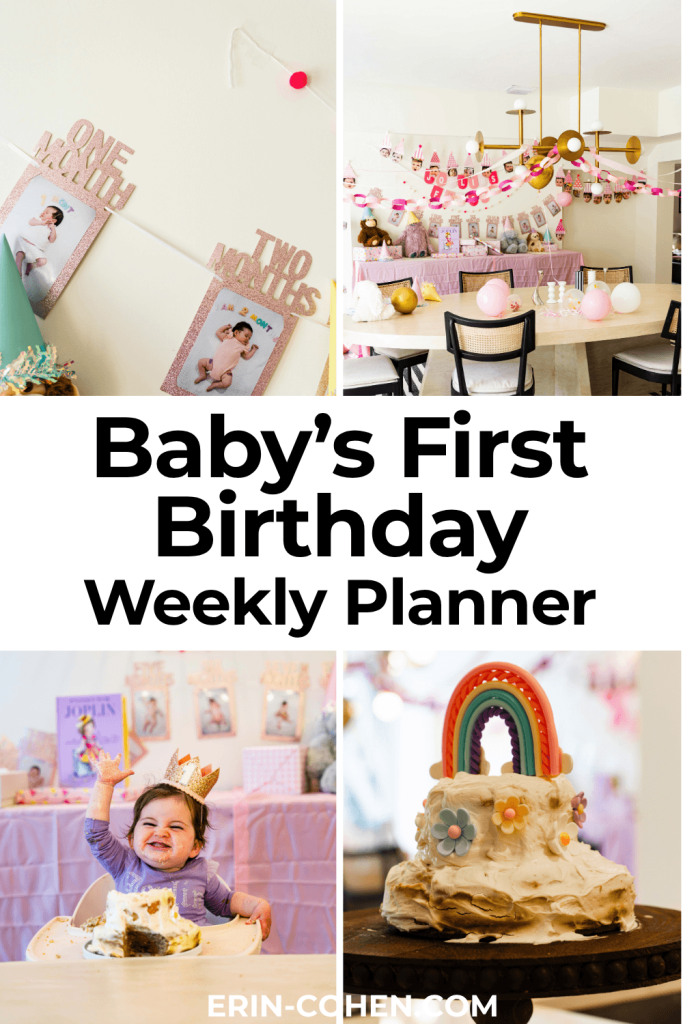 Pinterest graphic with first birthday party photos, a smash cake, monthly photo decorations, and text that reads “Baby’s First Birthday Weekly Planner.”