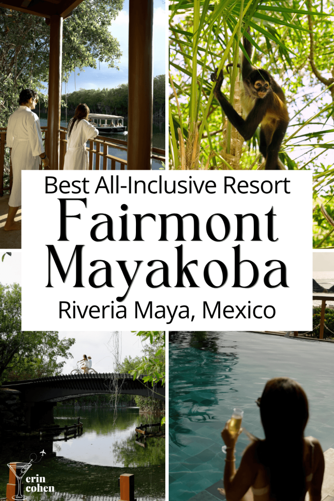 Collage of Fairmont Mayakoba photos showing the resort waterways, wildlife, bicycles, and pool, with text highlighting the all inclusive Fairmont Mayakoba resort in Riviera Maya, Mexico.